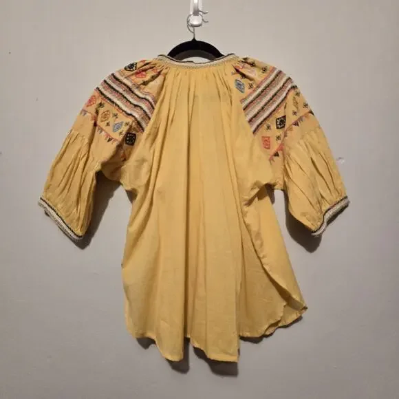 ALAMWAR Anthropologie Peasant Top Womens SM Gold Embroidery Tassel Boho Festival - Picture 10 of 13